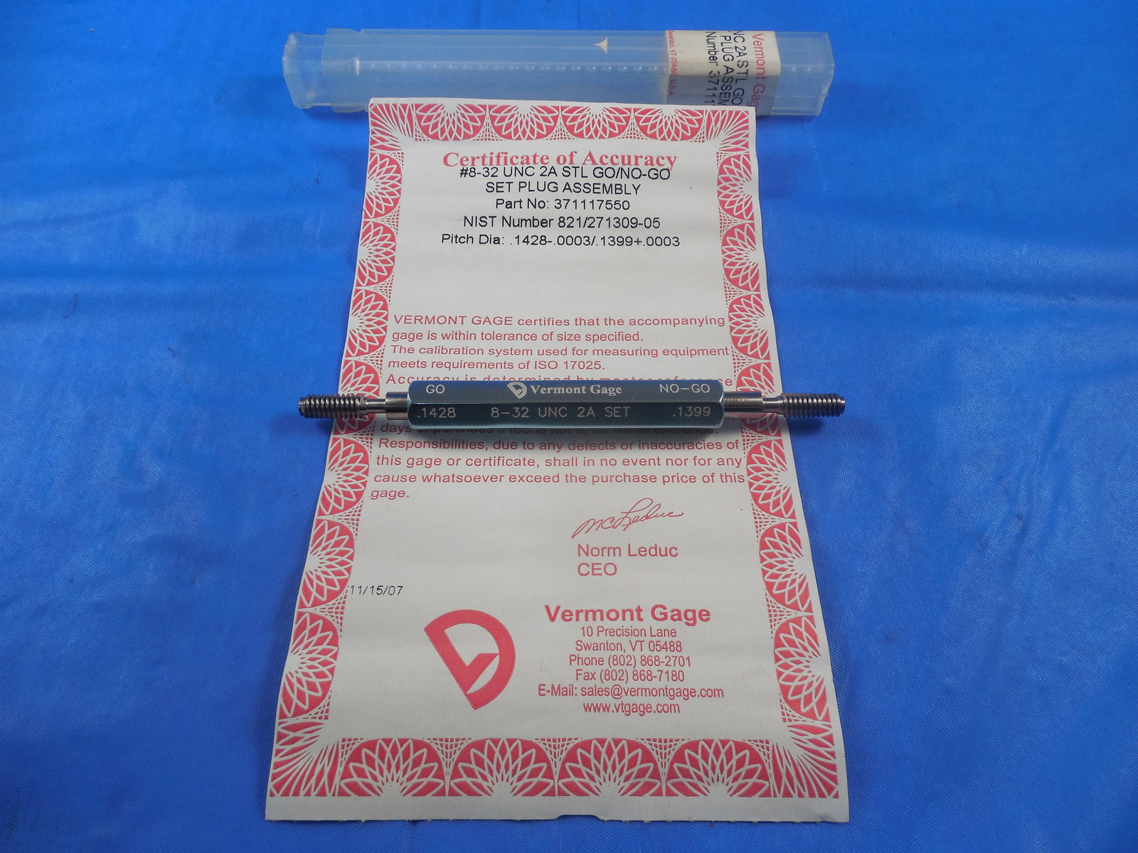 Picture of Vermont Gauge 976011120 Calibration Certification